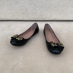 Black Leather Ballerina Flats with Gold Details